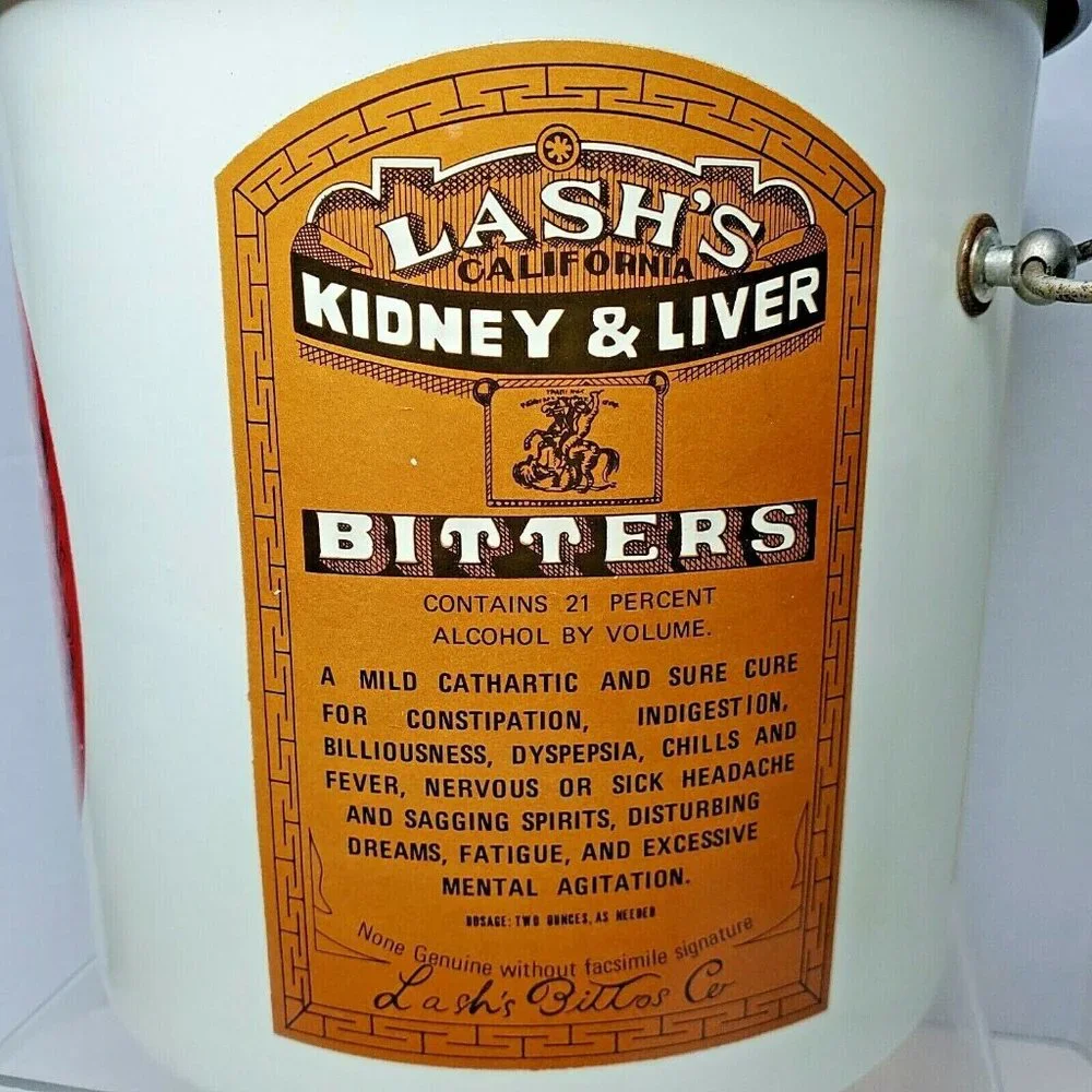 Vintage OOAK Ice Bucket medicinal bitters Labels Dr Jacob's Lashs Mishlers Wheat